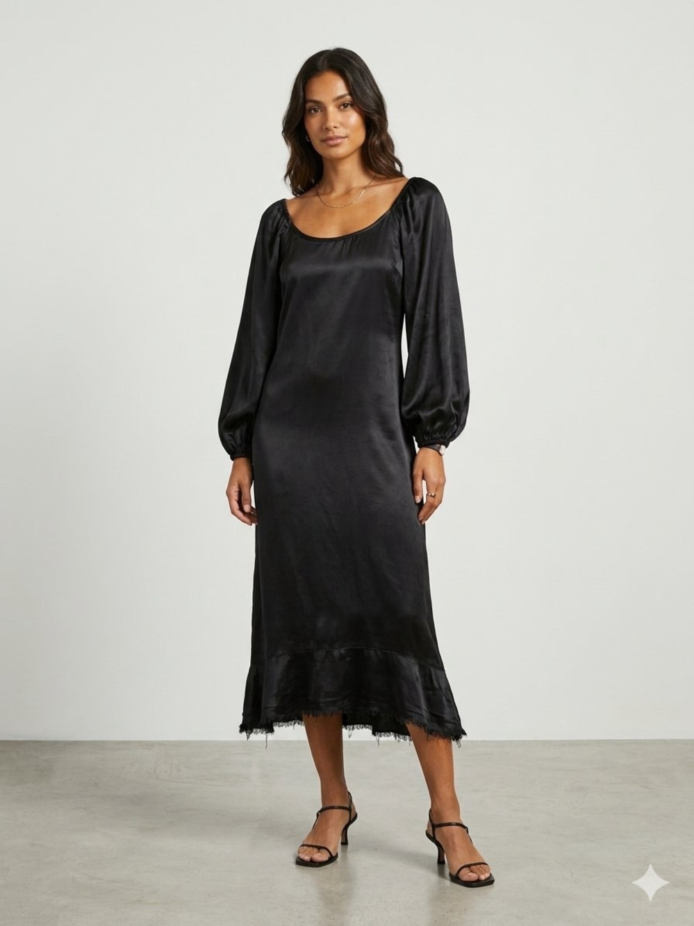 Raquel Allegra Black Satin Rayon Peasant-Style Oversized Maxi Dress — Size 1 (S)
